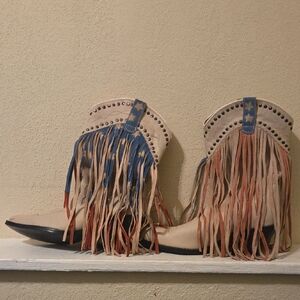 Dingo American Flag Tan Heeled Boots with Fringe